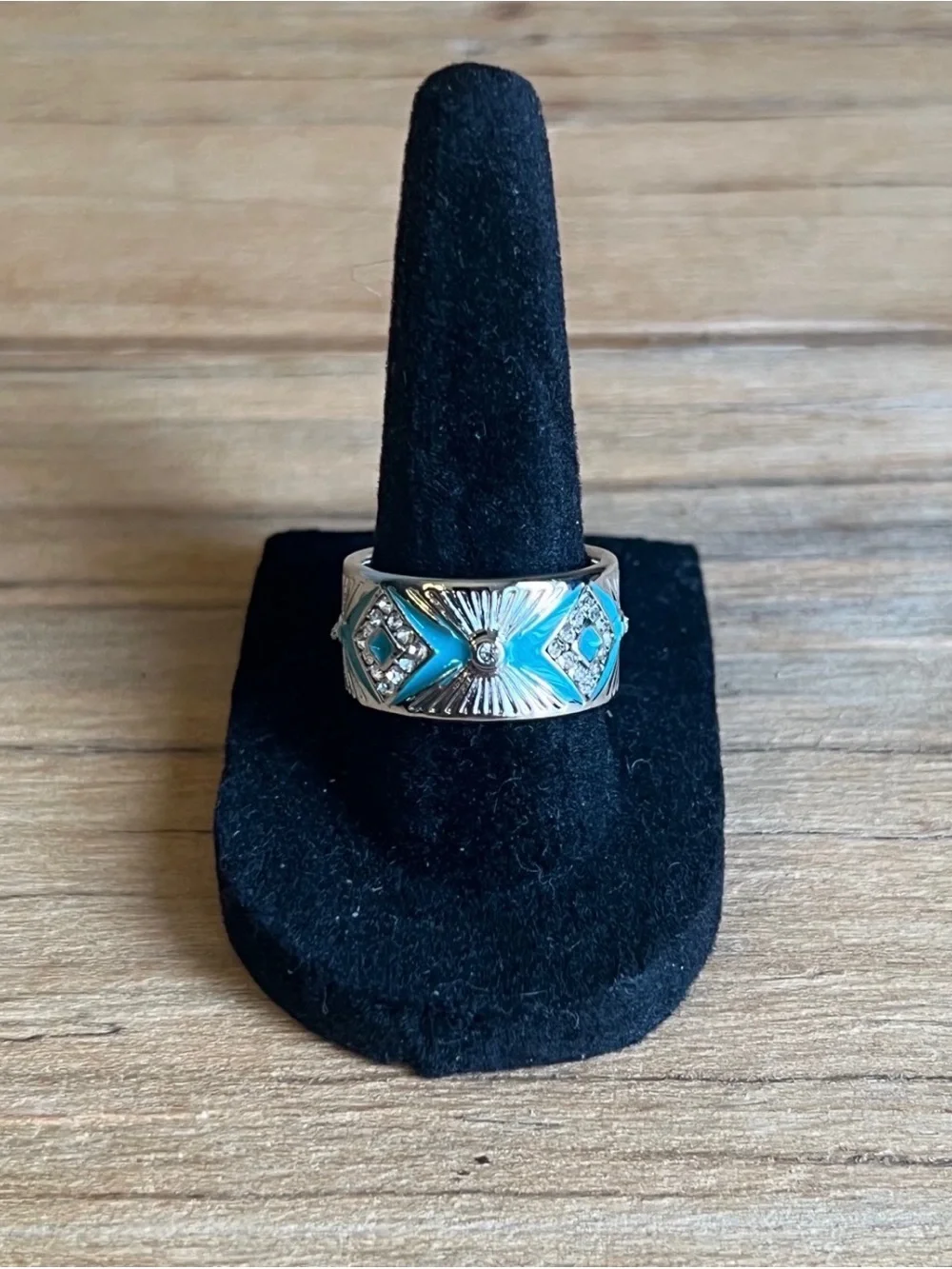 Silver Tone Turquoise Enamel Wide Band Ring size 7.5